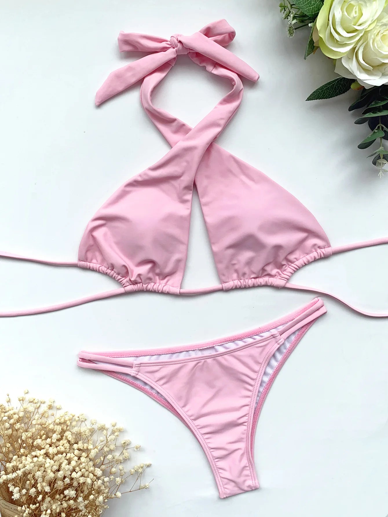 2025 Summer Women's Halter Lace-Up Swimsuit Backless Bikini Set Sexy Hollow Out Swimwear High Waist Monokini Beach Bathing Suits