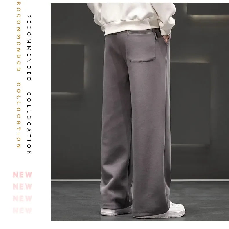 Autumn New Men Knitted Sports Pant Steel Stamp Printing Wide Leg Casual Trousers Straight Solid Lightweight Cotton Fabric Unisex
