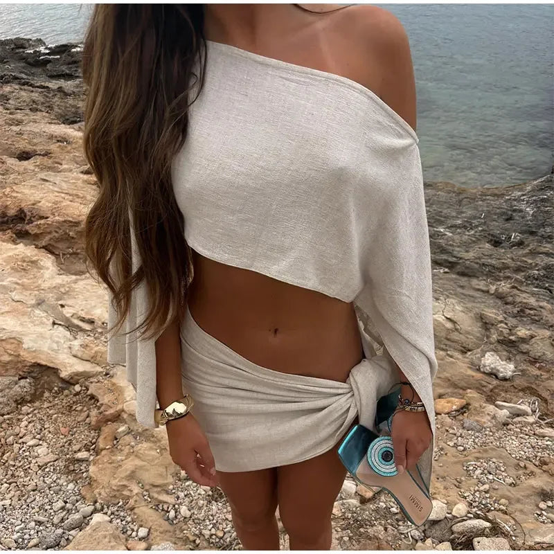 Sexy Solid Pleated Knot Mini Skirts Sets For Women Chic One Shoulder Flared Sleeve Loose Cape Tops Suits 2025 Lady Party Outfits