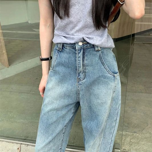 Vintage Baggy Jeans Womens' Loose-Fit Denim Pants Lightweight Bell Bottom Jean Retro Ladies' Denim Trousers Pockets Wide Pants