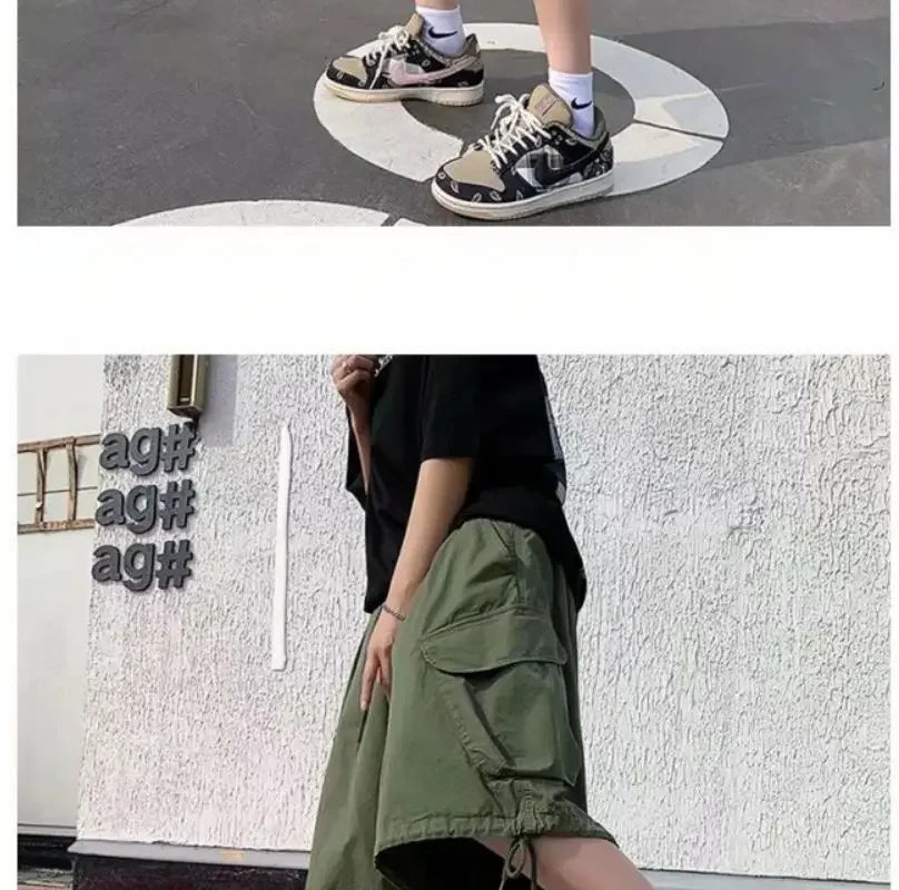 Khaki 7-point Men Summer Thin Japanese Workwear Wide-leg Loose Over-knee Shorts