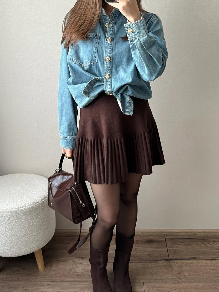 Knitted Pleated School Skirt Women Spring Winter Sexy A-line Women's Skirt Solid Casual High Waist Short Skirts For Woman Black