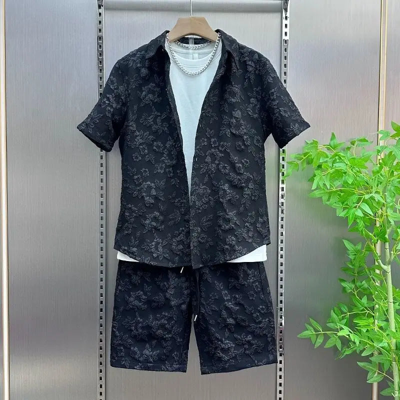 Summer New Relief Couple Thin Casual Two-piece Suit Men's Lapel Shirt Short Sleeve Trendy Shorts Comfortable Skin-friendly
