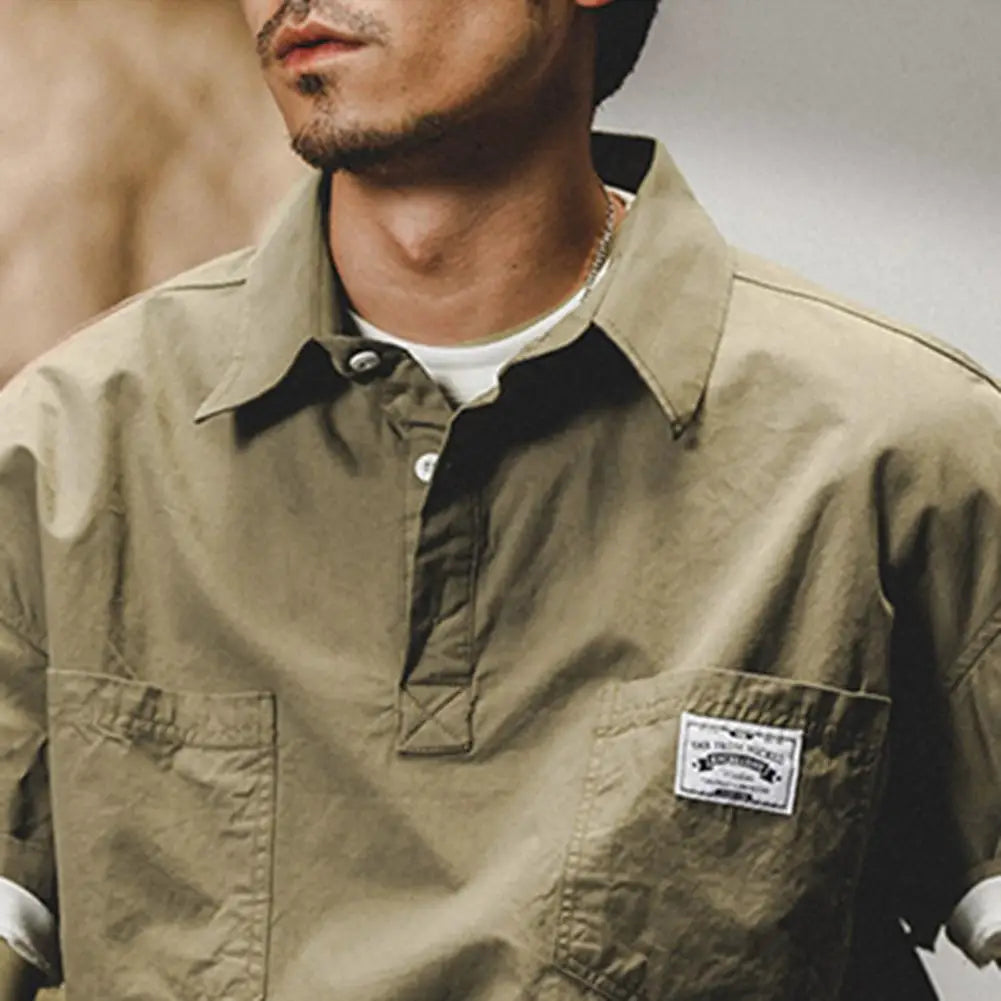 Man Shirts Summer Cargo Shirt American Retro Loose Short Sleeves Lapel Men Tops Work Shirt Multi Pockets Half Sleeve Casual Tops