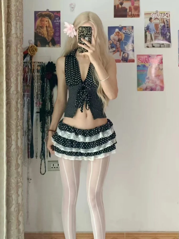 Aesthetic Vintage Hot Girl Slim 2-piece Set Women Gothic Retro Sleeveless Lace Up Polka Dot Vest Top Lace Low-waist Skirt Suit