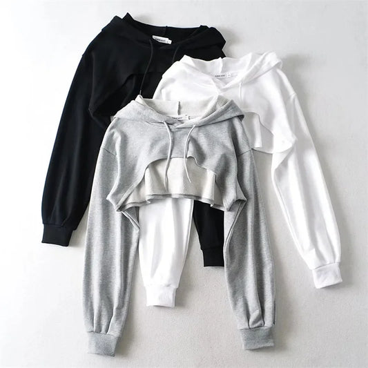 YPFF Spring New Style European Cropped Sports Drawstring Hooded Sweatshirt Women's Solid Color Versatile Long Sleeve Hooded Top