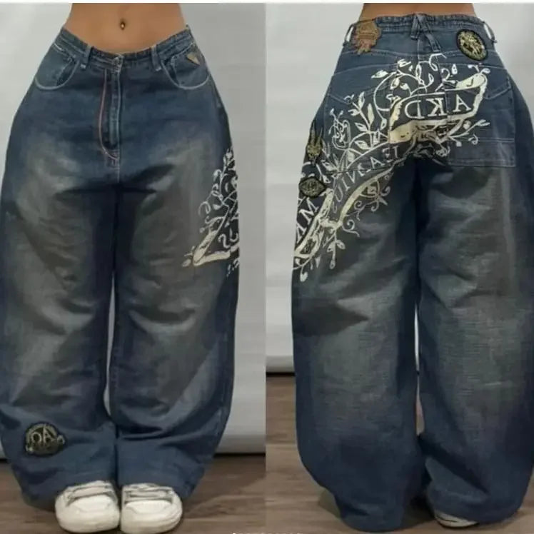Y2K New American Retro Hip-Hop Cherry Blossom Dragon Print Loose Jeans For Men and Women Gothic Hip-Hop Casual Joker Street Wear