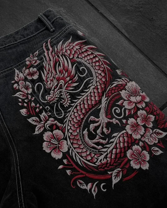 Y2K New American Retro Hip-Hop Cherry Blossom Dragon Print Loose Jeans For Men and Women Gothic Hip-Hop Casual Joker Street Wear