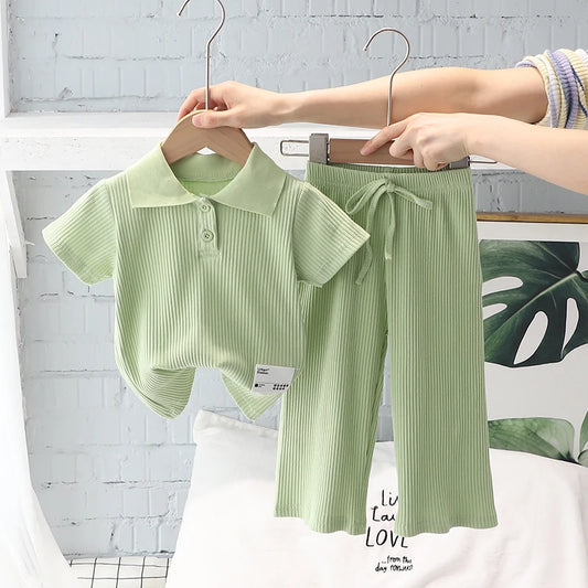 Summer Girls T-Shirt Set Short Sleeve Lapel Pullover Tops Elastic Waist Straight Pants Girl Casual Clothes 2Pcs Suits