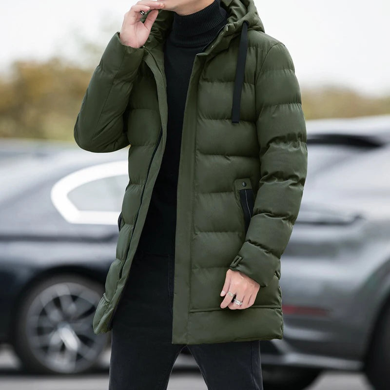 Men Warm Long Puffer Jacket Thicken Quilted Mid-length Hooded Coat Winter Casual Puffer Jacket Outwear Overcoat Coat Parka