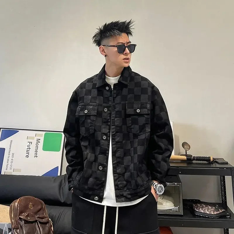Denim Jackets Man Wide Shoulders Autumn Jeans Coat for Men Black Plaid Fashion Korean Popular Clothes of Fabric Winter 2024 Y2k