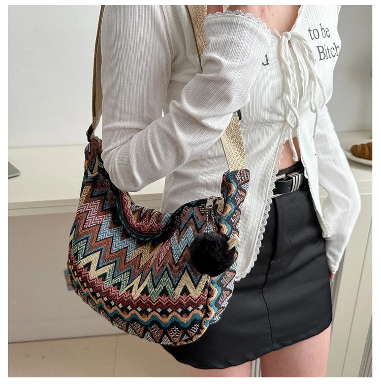 Wave Pattern Design Crossbody Bag for Women New Large Capacity Canvas Shoulder Bag Versatile College Students Dumplings Bag