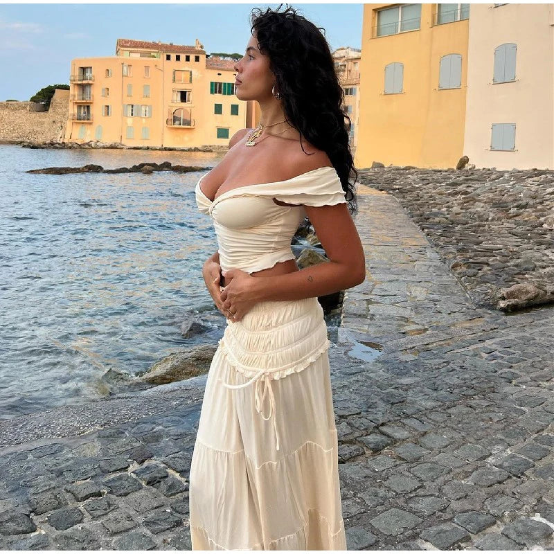 Fashion Solid Folds Long Skirt Sets For Women Summer Sexy Off Shoulder V-neck Cropped Tops High Waist Long Skirts 2 Pieces Sets