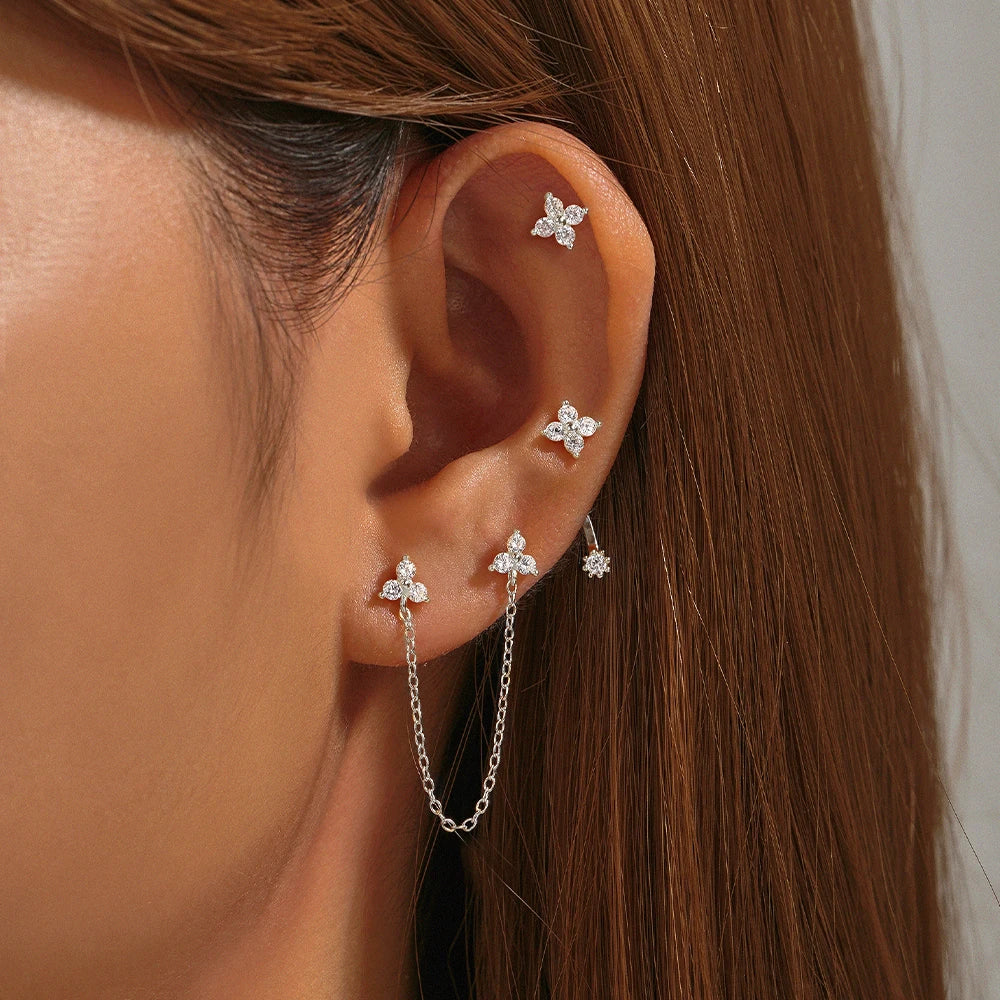 Aide 925 Sterling Silver 3pcs Set Two Stud Tassel K Gold Chain Flower Zircon Earrings For Women Fine Jewelry Valentine Day Gift