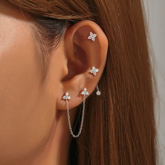 Aide 925 Sterling Silver 3pcs Set Two Stud Tassel K Gold Chain Flower Zircon Earrings For Women Fine Jewelry Valentine Day Gift