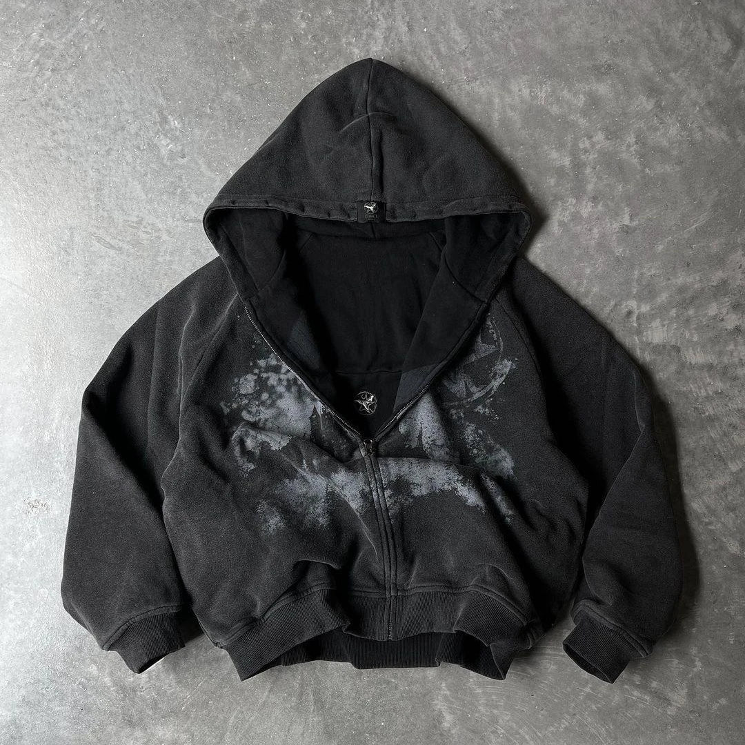 British Gothic Punk Style Printed Star Patch Embroidery Mens and Womens Hooded Cardigan Harajuku Retro Oversized Bat Sleeve Top