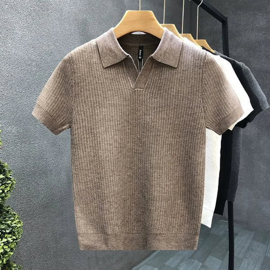 Summer Fashion Solid Color Breathable Knitted POLO Shirt Vintage Short Sleeve Men Casual Collar Top Trendy Casual Wear