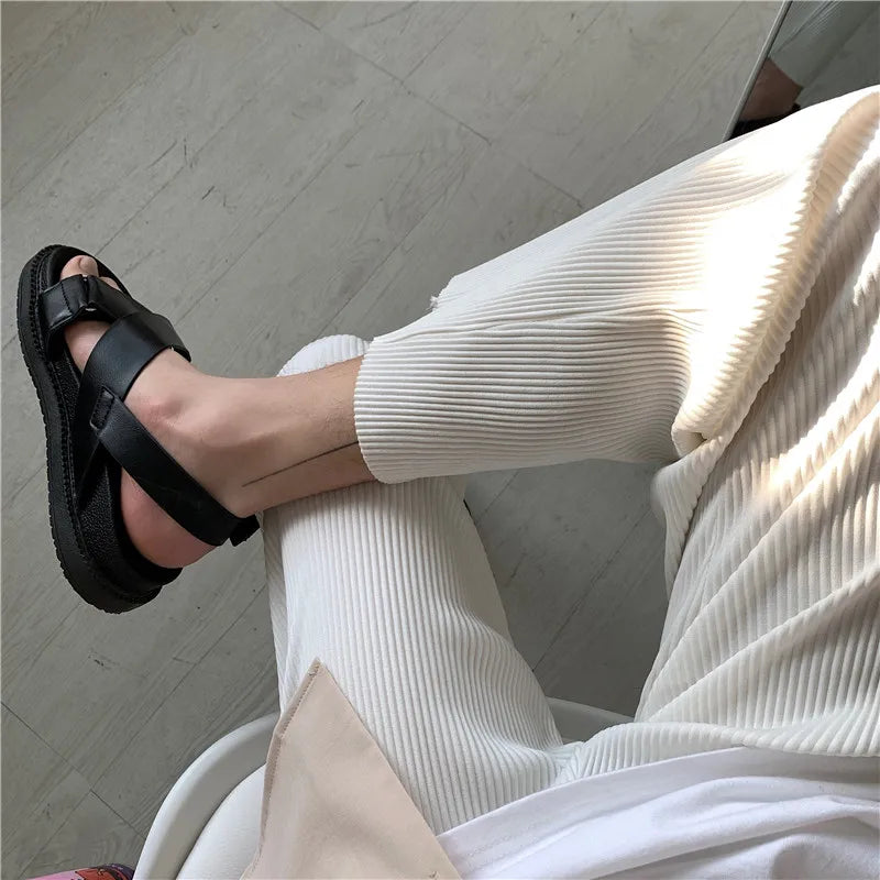 Pleated Pants Men Summer Straight Casual Pants Men Japanese Streetwear Loose Ice Silk Pants Mens Wide Leg Pants Man Trousers