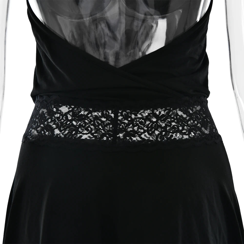 Absobe Halter Sleeveless Patchwork Lace Mini Dress For Women Backless Slim A-Line Short Dress Y2K Sexy Vacation Beach Streetwear