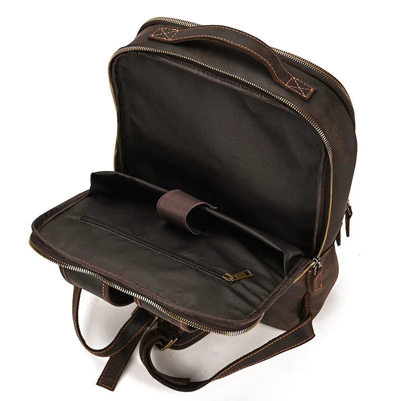 Vintage Travel Backpack leather double zipper bagpack male crazy horse leather backpack handmade leather travel bag men bag