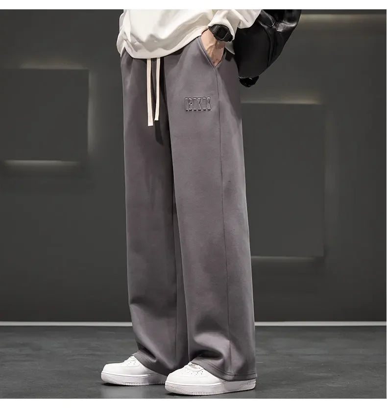 Autumn New Men Knitted Sports Pant Steel Stamp Printing Wide Leg Casual Trousers Straight Solid Lightweight Cotton Fabric Unisex