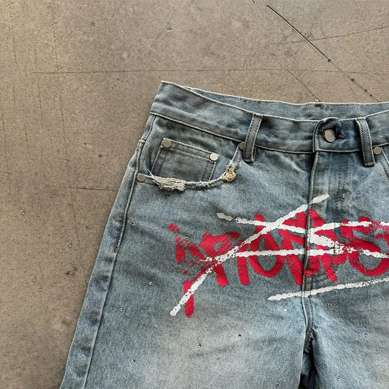 American Fashion Trend Letter Printing Splicing Patches Denim Shorts Y2K Gothic Hip Hop Men Women Punk Vintage Wide Leg Pants