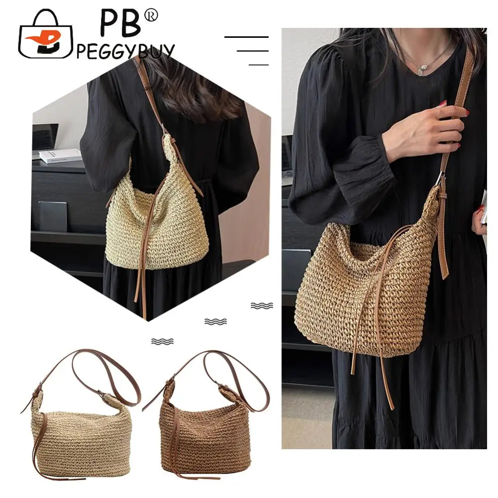 Hand-Woven Handbags Handmade Straw Woven Bag Paper Rope Fashion Casual Simple Elegant Strap Adjustable Summer Beach Bag