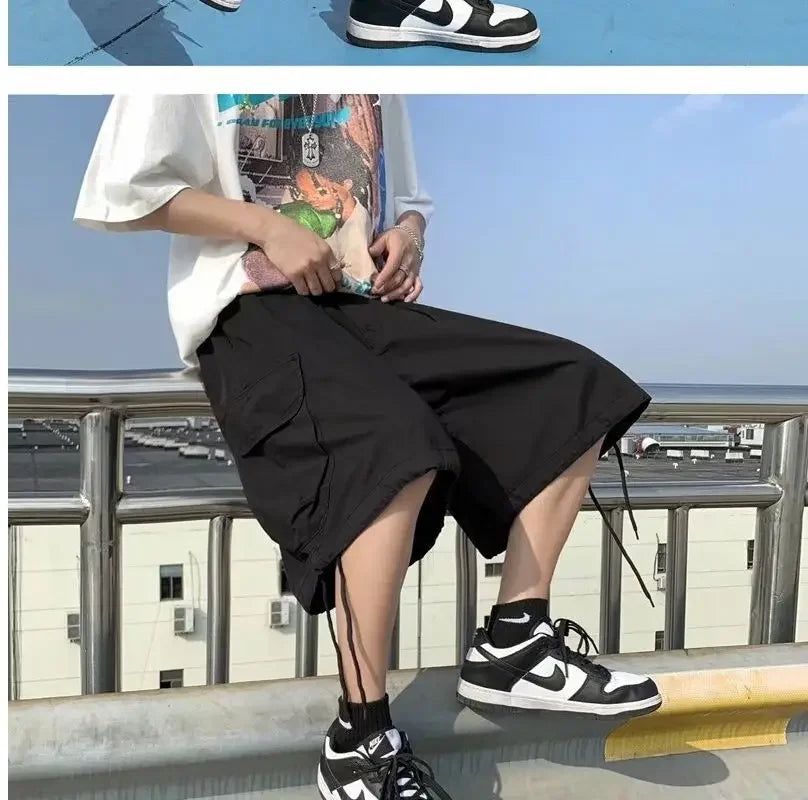 Khaki 7-point Men Summer Thin Japanese Workwear Wide-leg Loose Over-knee Shorts