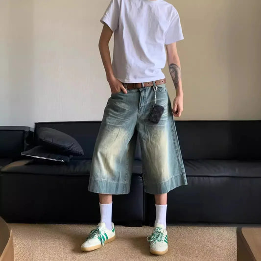2024 Summer New Style Vintage Wide-leg Jeans 7-point Straight Leg Denim Mid-length Shorts For Men American Retro Loose Fit