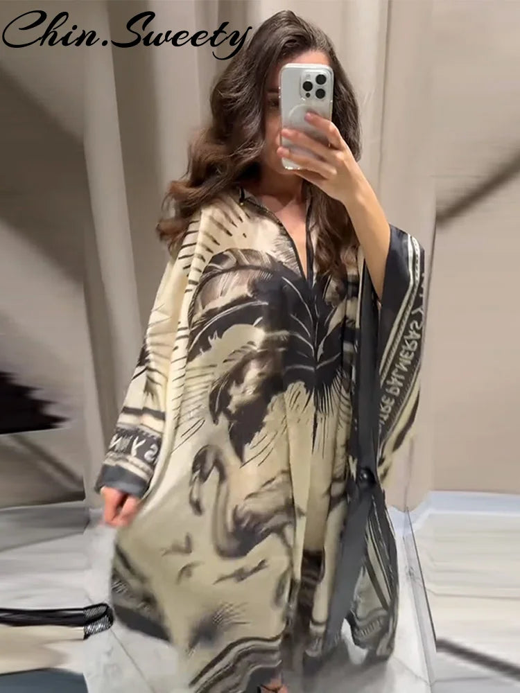 Fashion Print Pleated Long Dresses Women Party O-neck Full Sleeve Female Holiday Dresses 2025 Summer Lady Elegant  Robes