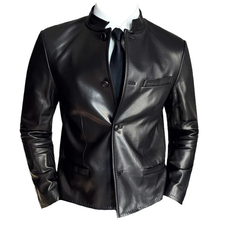 Autumn  Chinese Style Stand Up Collar Leather Jacket Men's Motorcycle Jackets High-end Casual Business Short PU Leather Coats