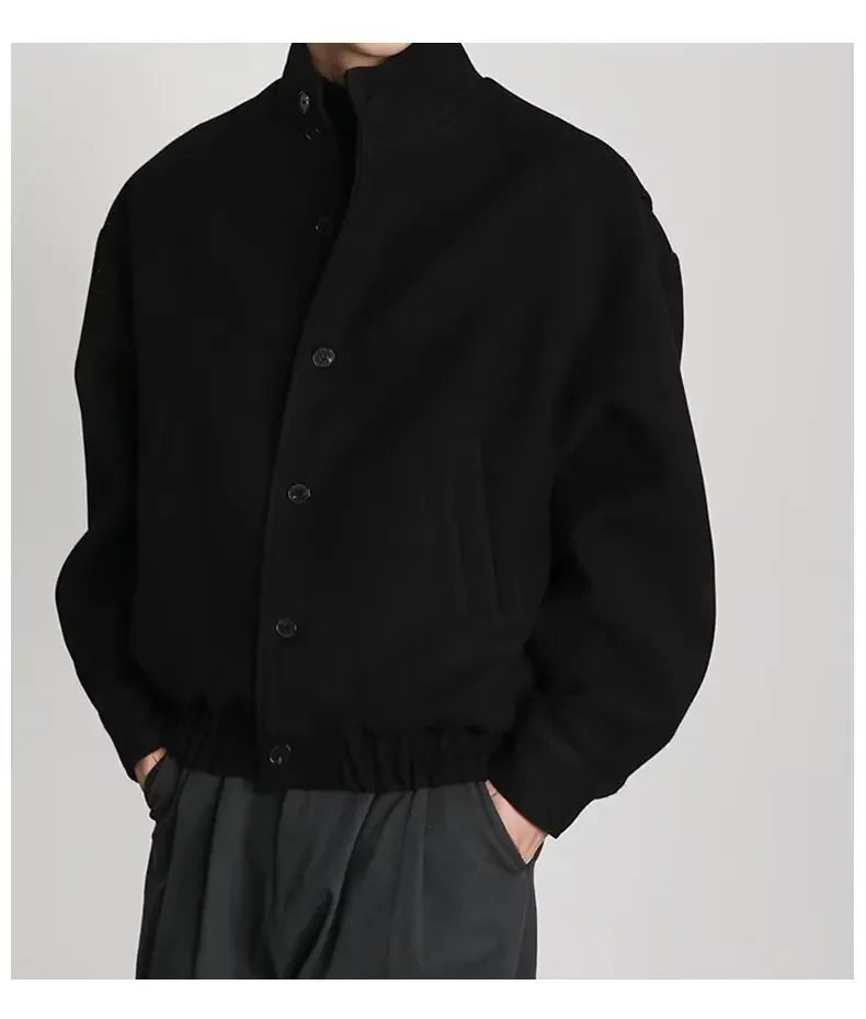 Autumn Winter Men's Fashion Stand Collar Jacket Woolen Coat British Style Baseball Design Workwear Thin Model Summer Suitable