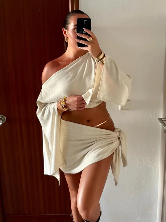Sexy Solid Pleated Knot Mini Skirts Sets For Women Chic One Shoulder Flared Sleeve Loose Cape Tops Suits 2025 Lady Party Outfits