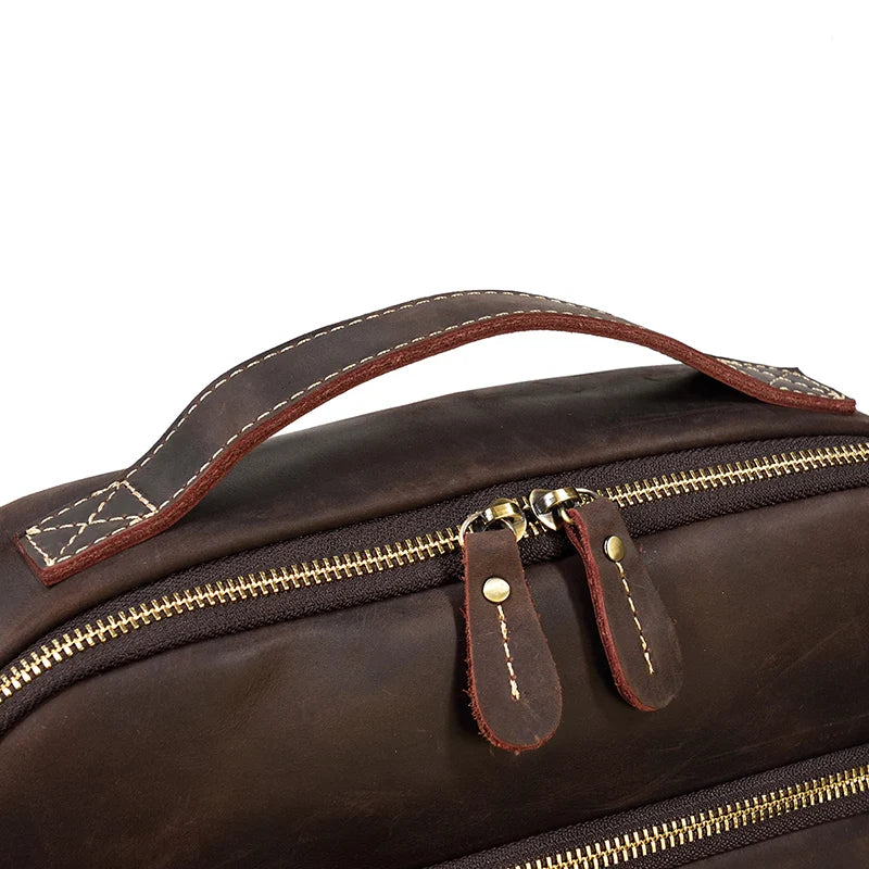 Vintage Travel Backpack leather double zipper bagpack male crazy horse leather backpack handmade leather travel bag men bag