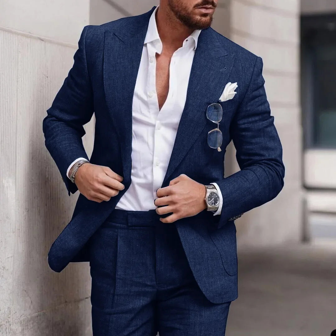 Fashion Linen Suits for Men High Quality Peak Lapel Double One Button Male Suit Slim Chic Casual Wedding Tuxedo 2 Piece Costume