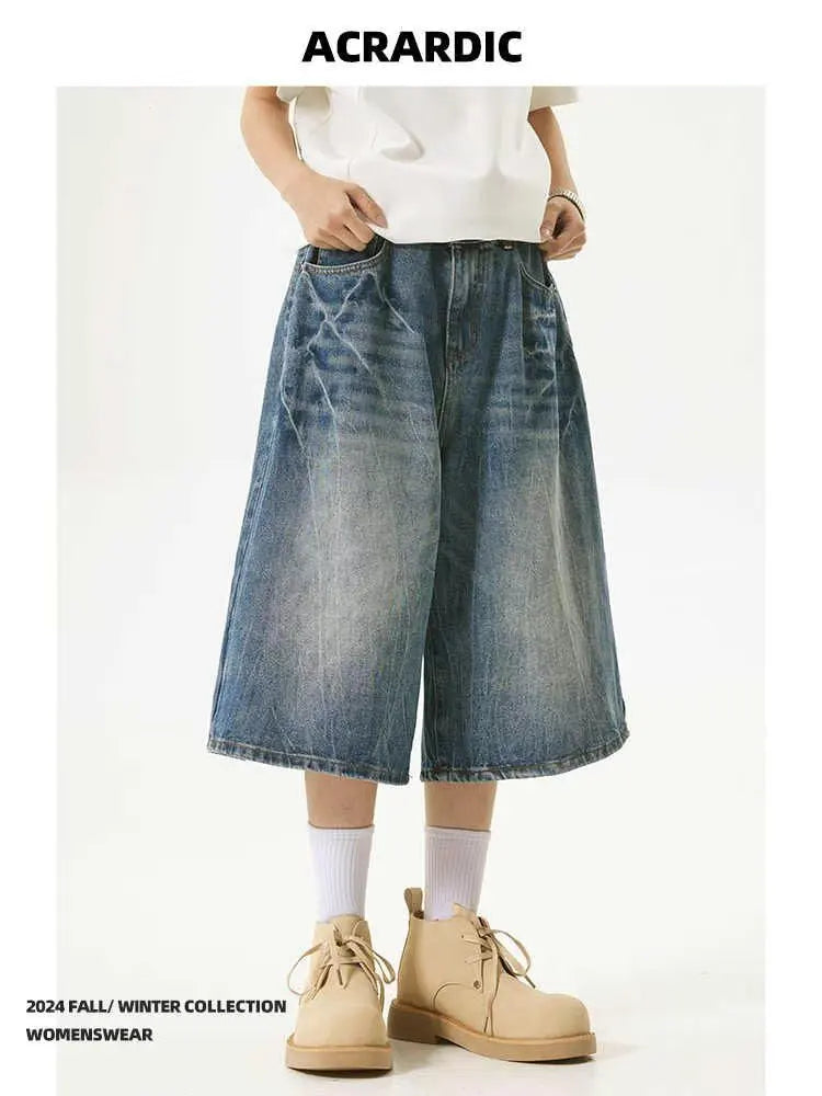 American High Street Lightning Jeans Men's Straight Leg Wide Leg Hip Hop Cool Retro American Seven-Foot Blue Shorts