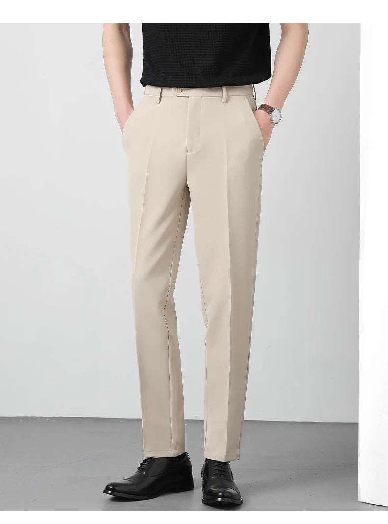 Spring Summer Suit Pants Men Business Smooth Slim Business Office Social Elastic Waist Ankle Length Formal Korean Trousers Male