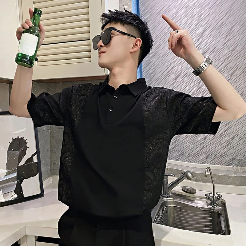 Black Short Sleeve Slim Fit With Collar T Shirt for Men Elastic High Quality Luxury Tee Cool Vintage Hot Casual Man Polo Shirts