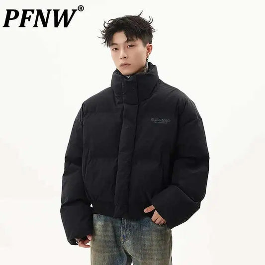 PFNW American Simple Stand Collar Short Cotton-padded Coat Men's Black Loose Zipper Quilted Padded Jacket Winter Clothes CPG2211