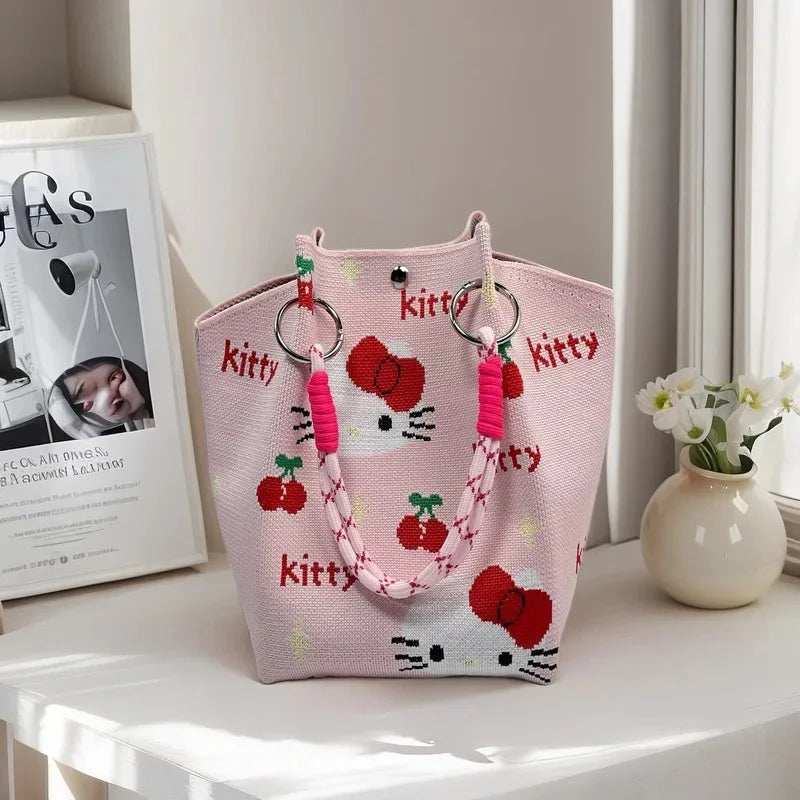 Cute Cat Design Large Capacity Portable Tote Bag Casual Versatile Commuter Bucket Bag Polyester Fiber Handbag from Mainland Chin