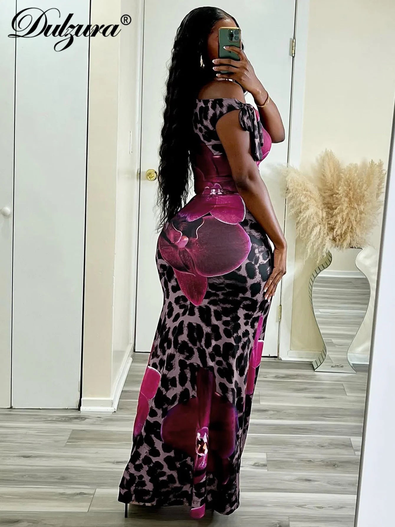 Dulzura Leopard Sexy Elegant Casual 2 Piece Skirt Set Sleeveless Bodycon Lace Up Tank Top Maxi Skirt Matching Set Party Clubwear