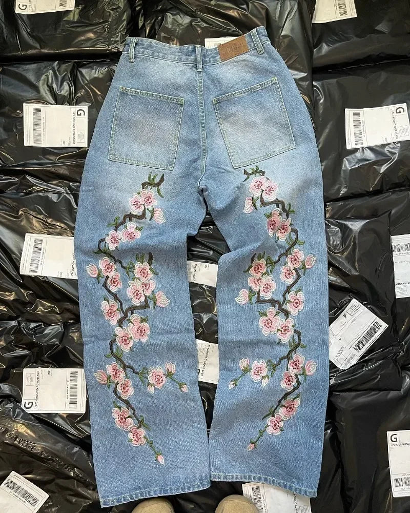 Y2K jeans Men Harajuku cherry blossom print pattern Denim Pants Hip Hop vintage men women goth Casual wide leg pants streetwear