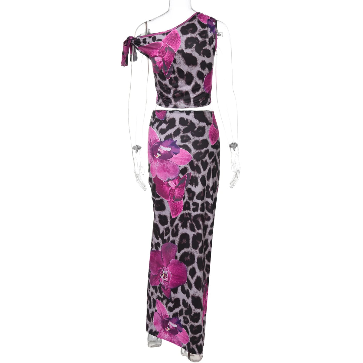 Dulzura Leopard Sexy Elegant Casual 2 Piece Skirt Set Sleeveless Bodycon Lace Up Tank Top Maxi Skirt Matching Set Party Clubwear