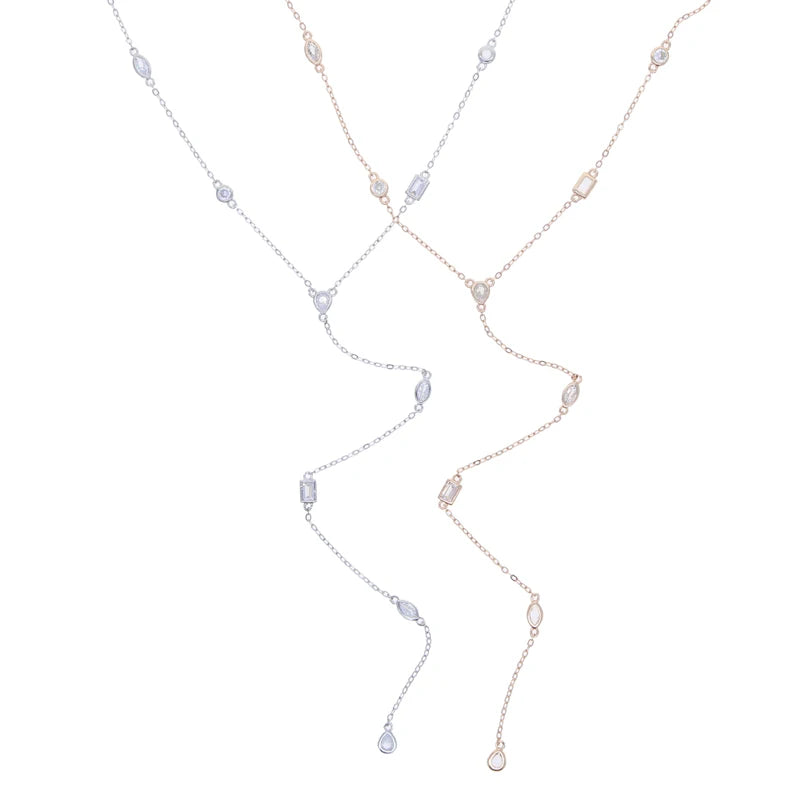 American Fashion Micro pave Water Drop Bezel Oval CZ Station Link Chain Long Sexy Ladies Y Lariat Necklace Collarbone Jewelry