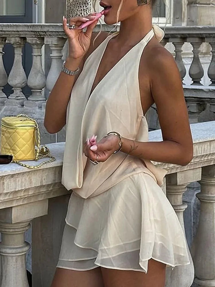 TSDFC Vintage Dress Women Fashion Sexy Sleeveless Dresses Solid Slim Backless V Neck Ruffles Mini 2025 New Spring Summer Dress