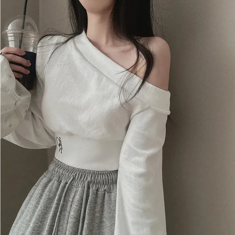 2025 Spring New Irregular Skew Collar Hoodies Women Sexy Fashion Sweatshirts Long Puff Sleeve Short Solid Slim Pullover Tops