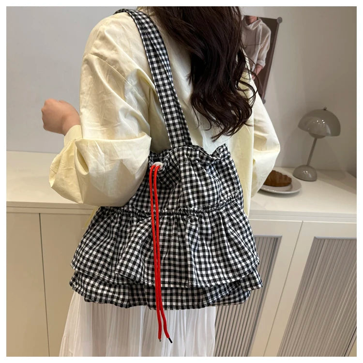 Korean Sle Large Capaci Canvas Tote Bag Blue Plaid Single oulder Skirt Pleated Gown Bag Faionable Casual Handbag