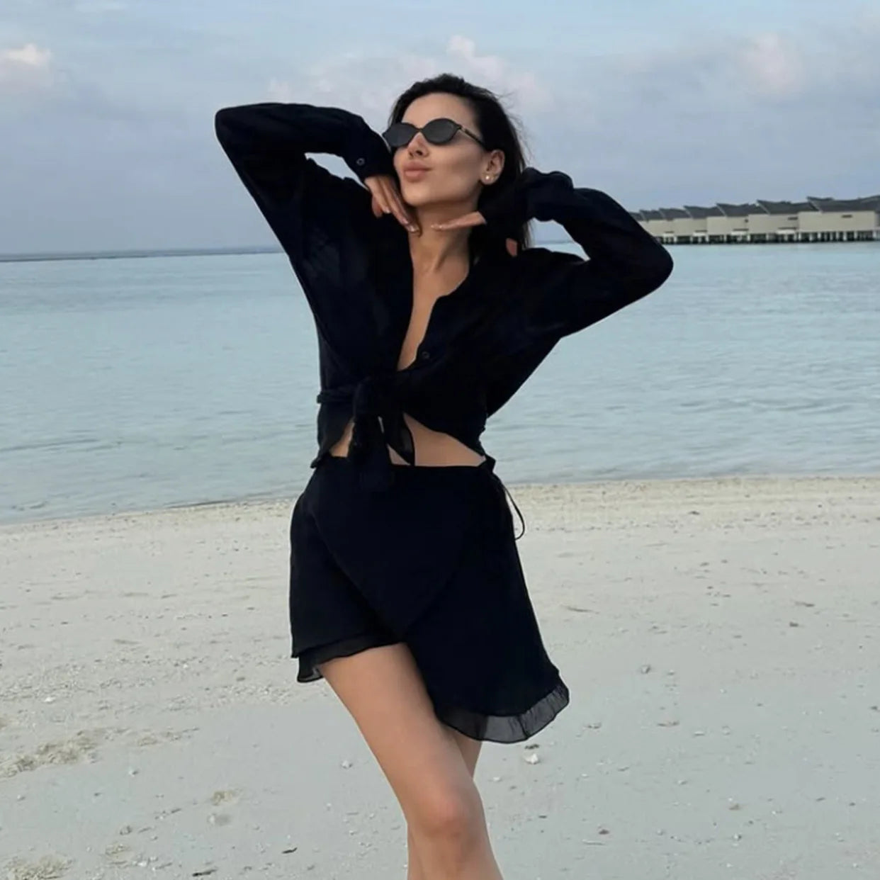 Casual 2 Piece-Set Summer Female Cover up And Ruffled Mini Skirt Lace-Up Beach Holiday See-Through Loose Women's Outfits
