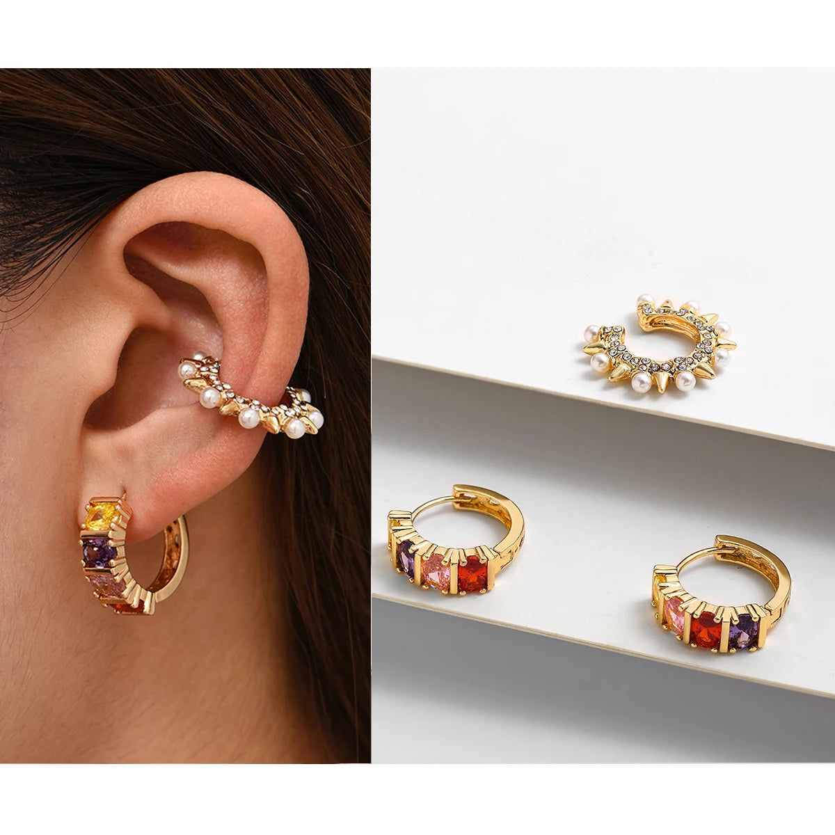 Punk Rock Helix Fake Cartilage Ear Cuff with Long Chain Circle Hoop Earrings Set for Women Tiny Piercing Huggie Earring Jewelry