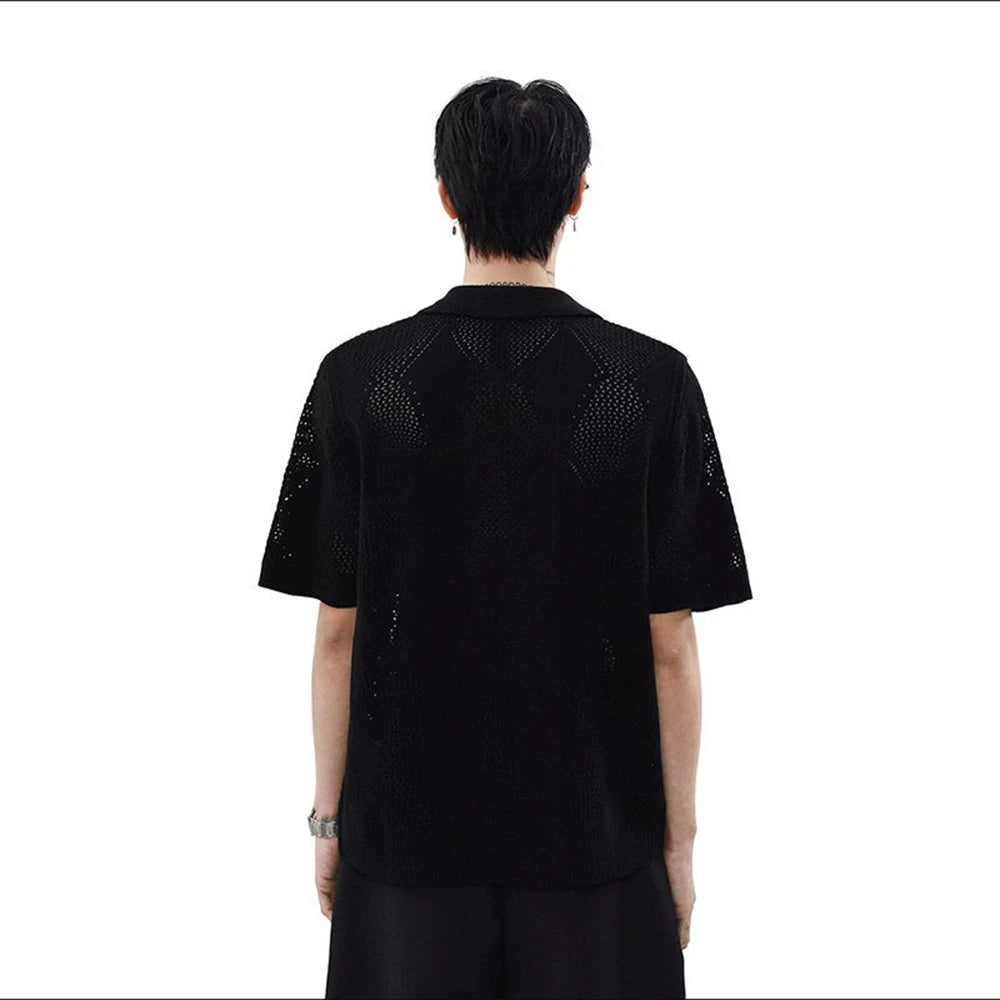 Men's Solid Color Hollow Short-Sleeved T-Shirt American Retro Fashion Trend Casual Simple Loose Breathable Summer New Men's Tops
